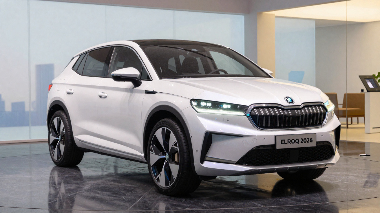 SUV elétrico branco Skoda ELROQ 2026 estacionado em interior moderno com chão refletor.