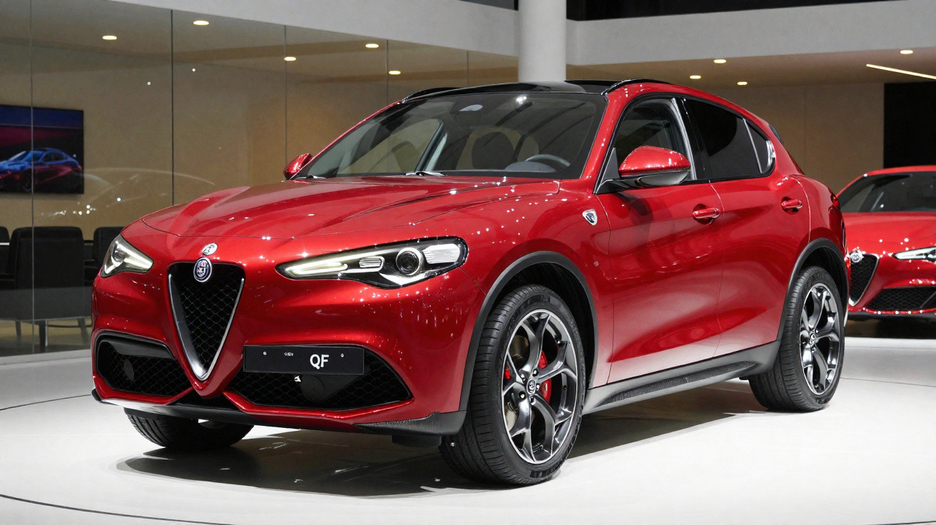Carro SUV Alfa Romeo vermelho exposto em salão automóvel com rodas esportivas e faróis LED.