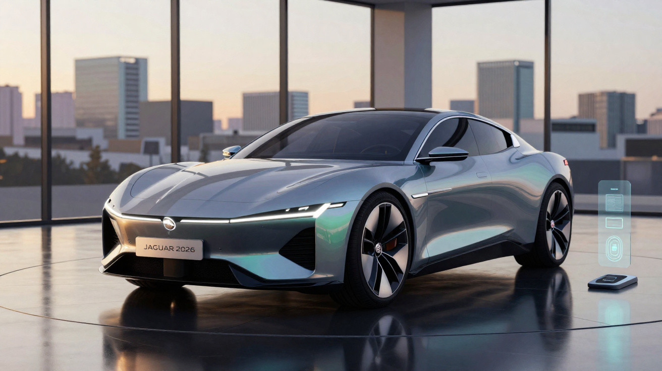 Carro elétrico Jaguar 2026 cinza metálico num showroom com janelas amplas e vista urbana ao pôr do sol.
