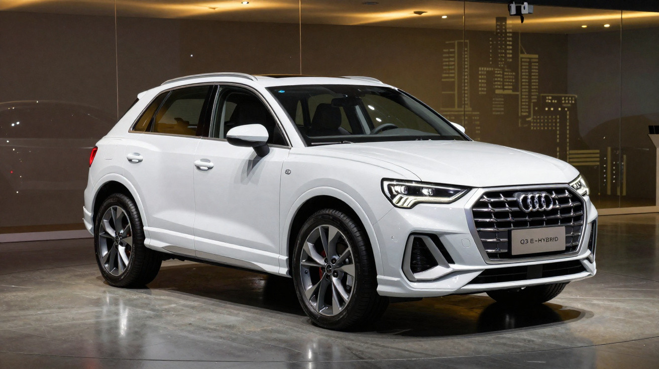 Carro branco Audi Q3 e-tron híbrido estacionado em espaço interior com luz artificial.