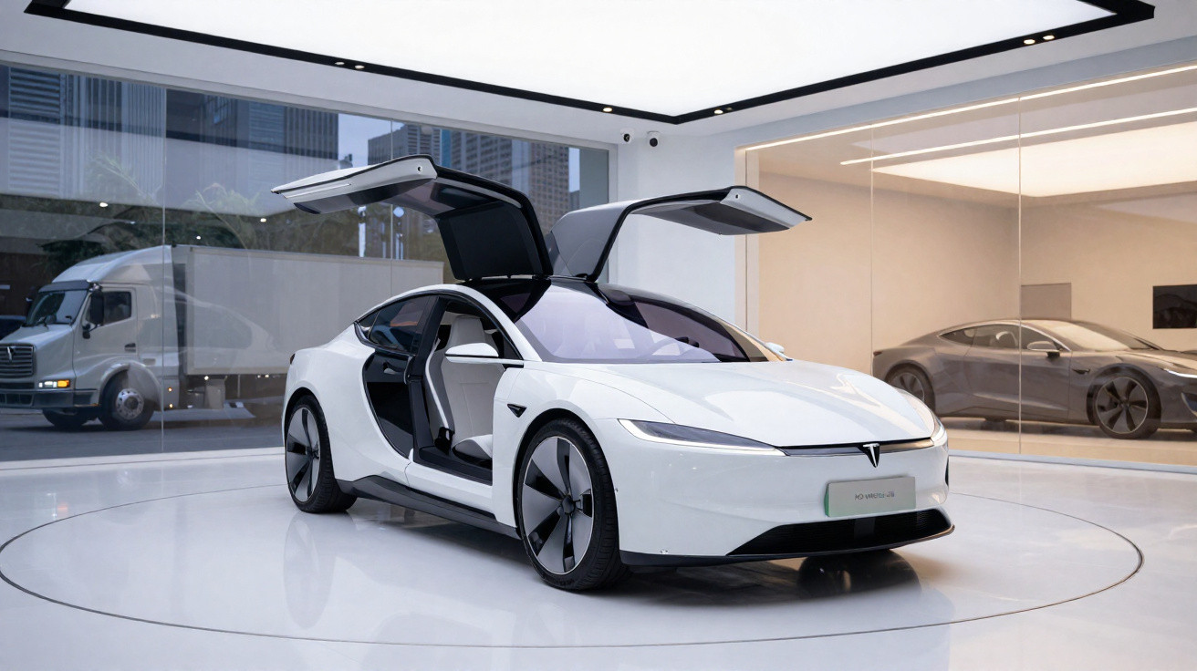 Carro elétrico branco futurista em showroom com portas abertas estilo asas de gaivota.