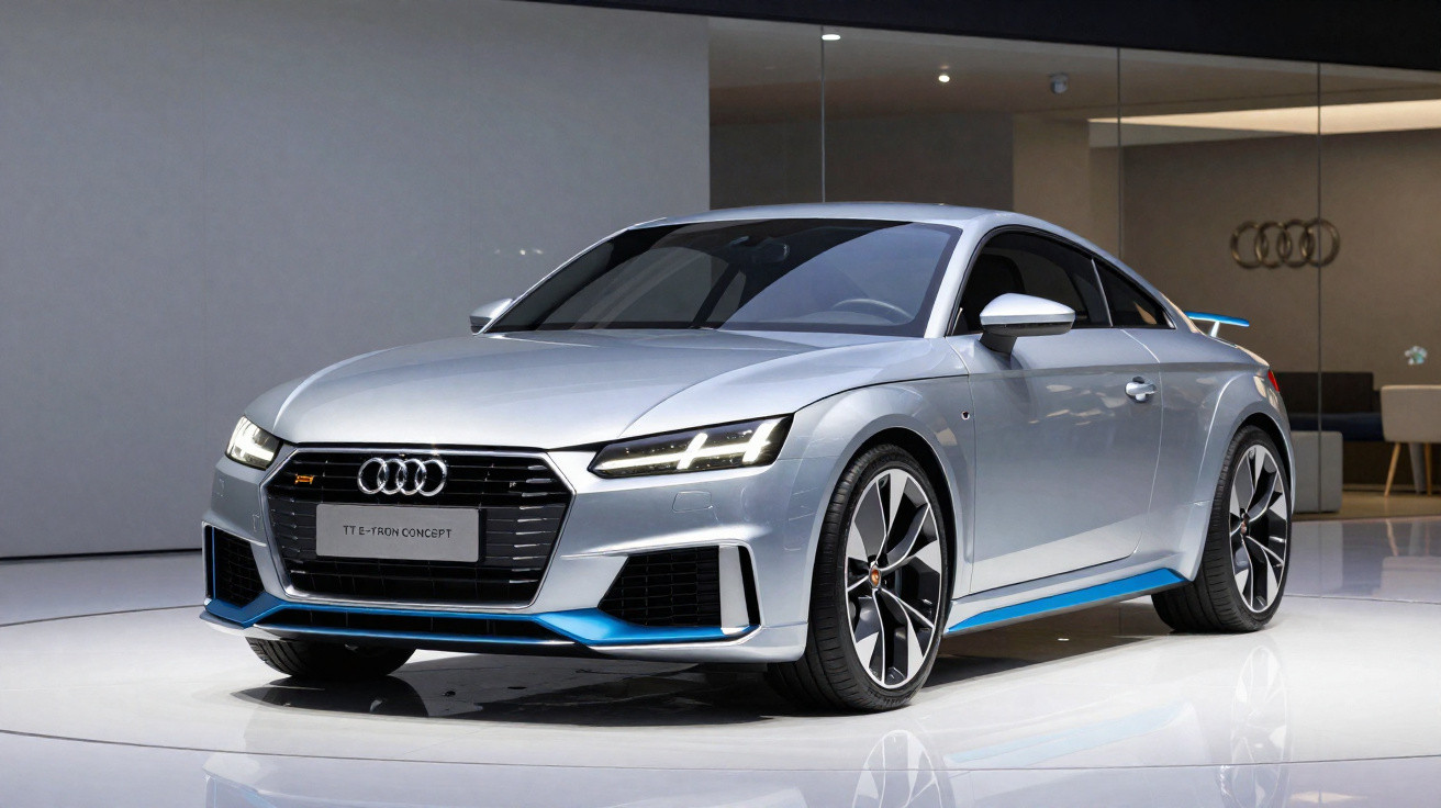 Automóvel desportivo Audi TT RS cinzento prateado exposto em showroom moderno.