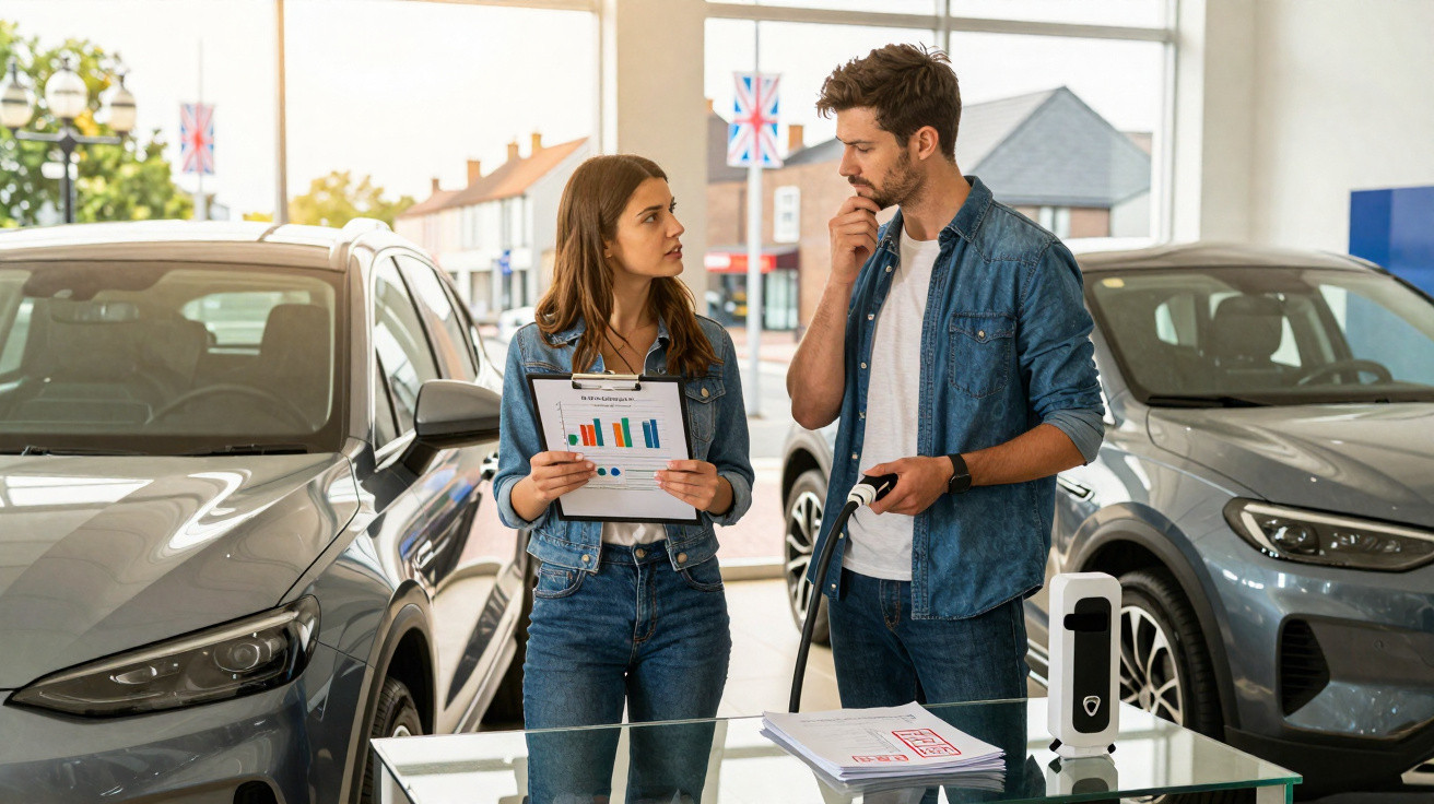 Dois adultos discutem dados em gráfico numa concessionária de carros elétricos.