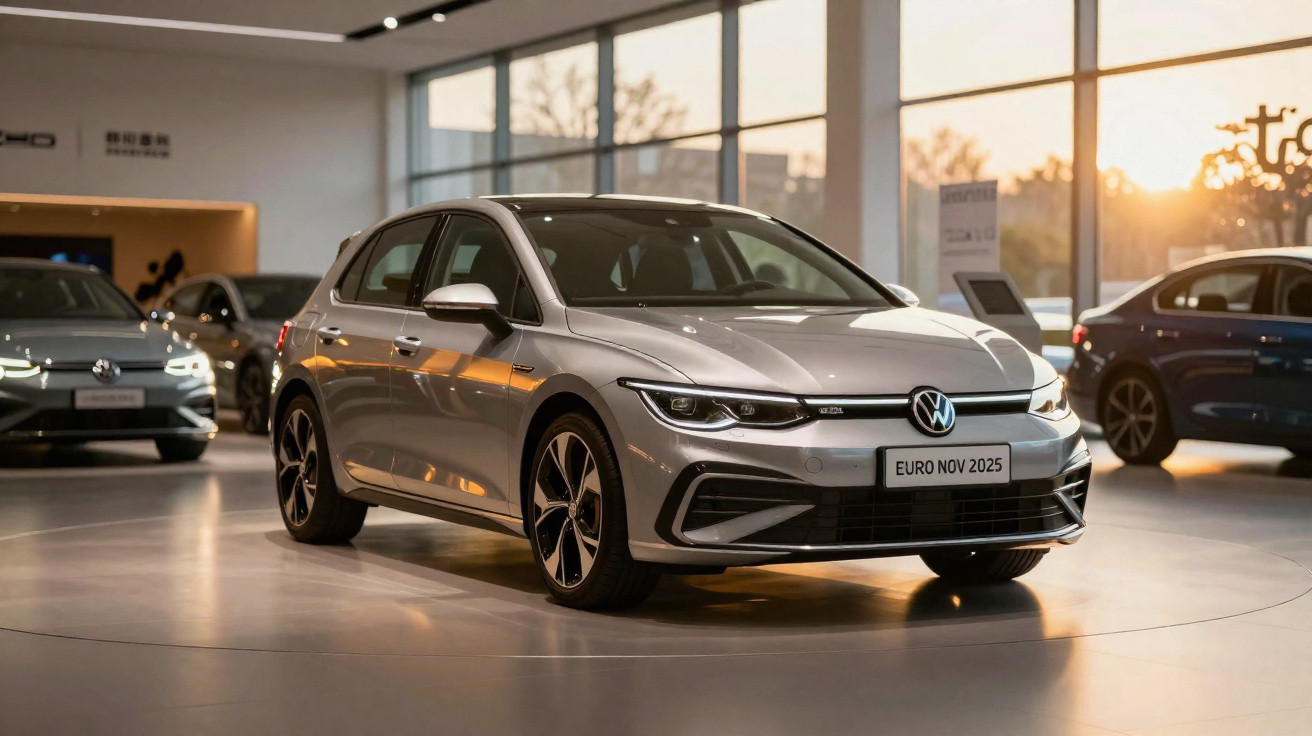 Carro Volkswagen cinza prata em exposição numa sala ampla com luz natural ao pôr do sol.