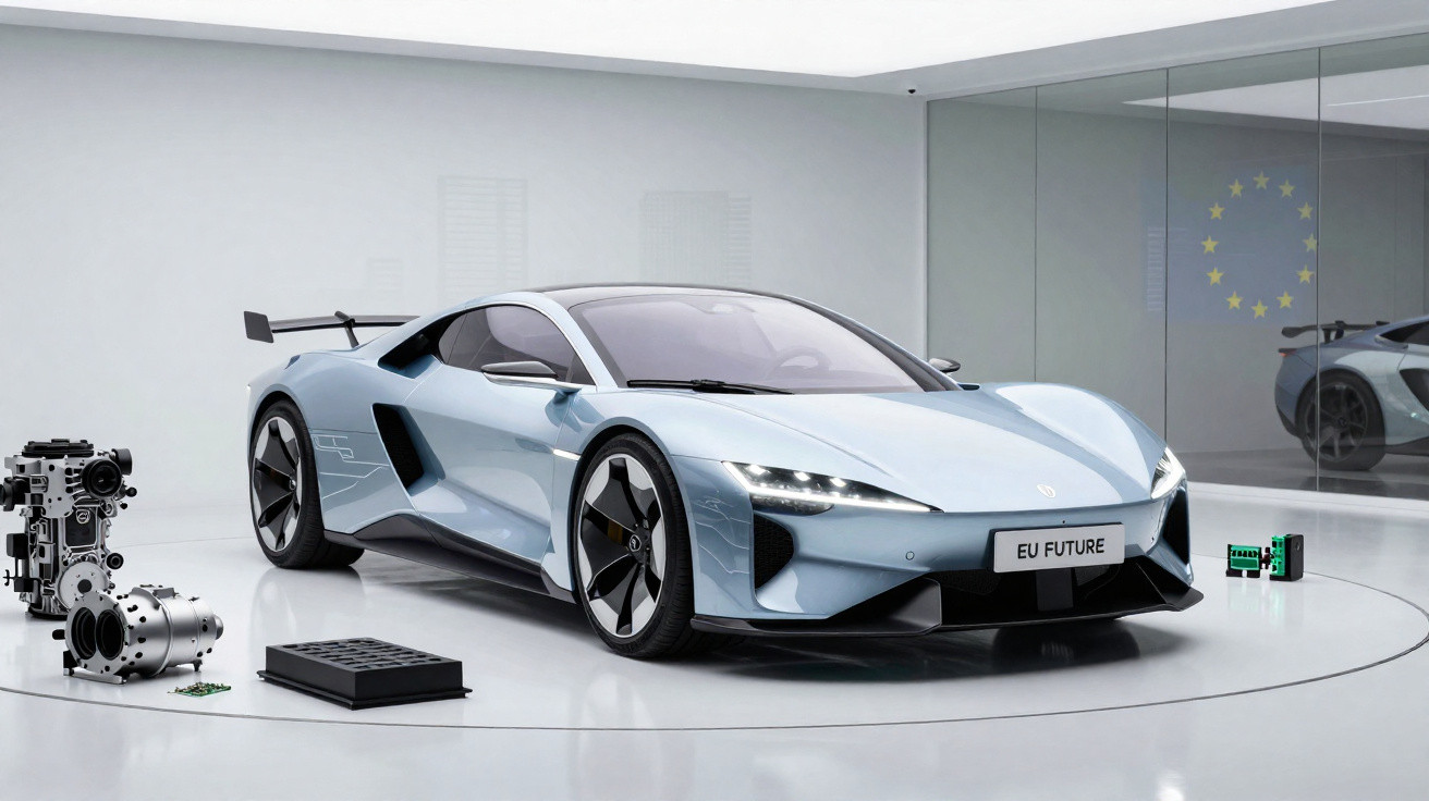 Carro desportivo elétrico azul claro num espaço moderno com peças mecânicas exibidas ao lado.