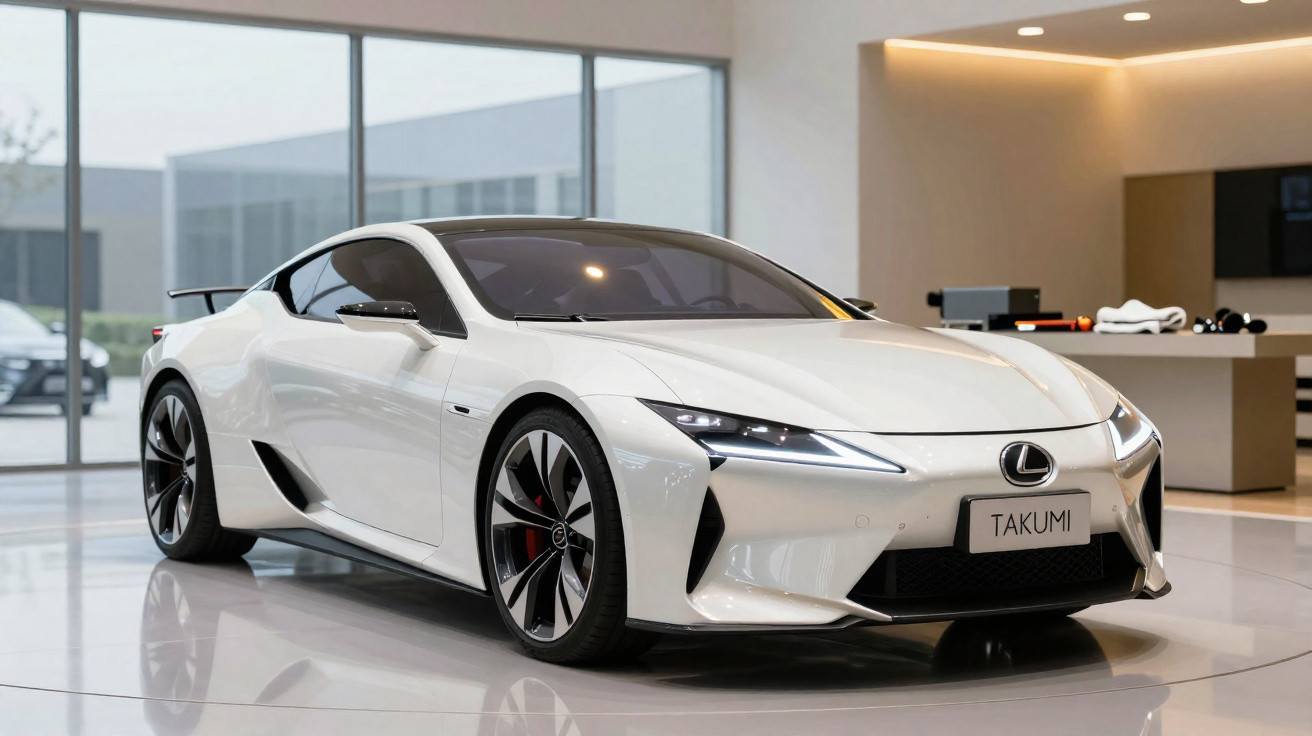 Carro desportivo branco Lexus Takumi em exposição num espaço interior moderno e luminoso.