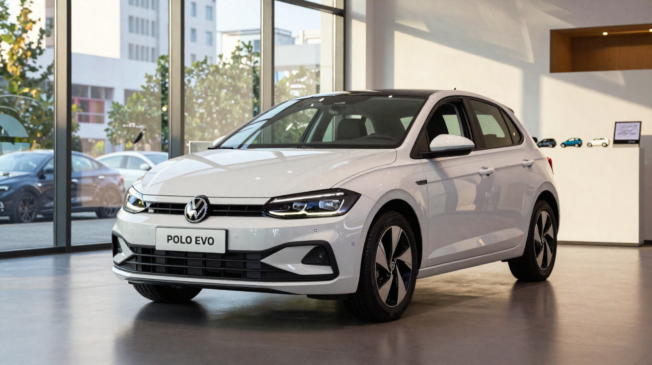 Carro Volkswagen Polo Evo branco exposto em showroom moderno com janelas grandes.