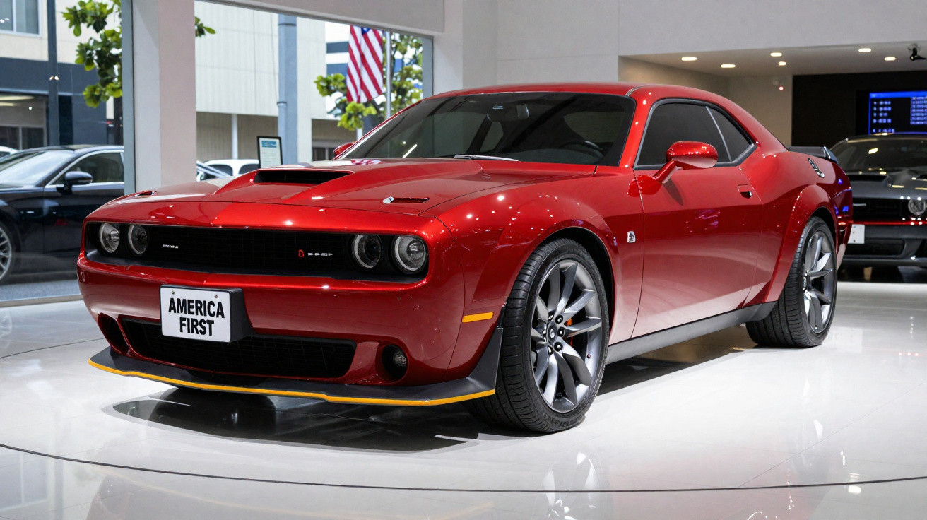 Carro desportivo vermelho Dodge Challenger em exposição num salão automóvel com placa "America First".