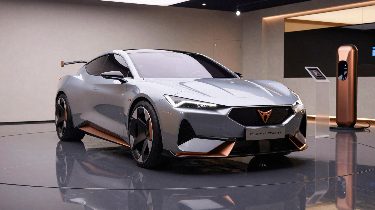 Carro elétrico desportivo cinza prateado com detalhes dourados num showroom moderno e minimalista.