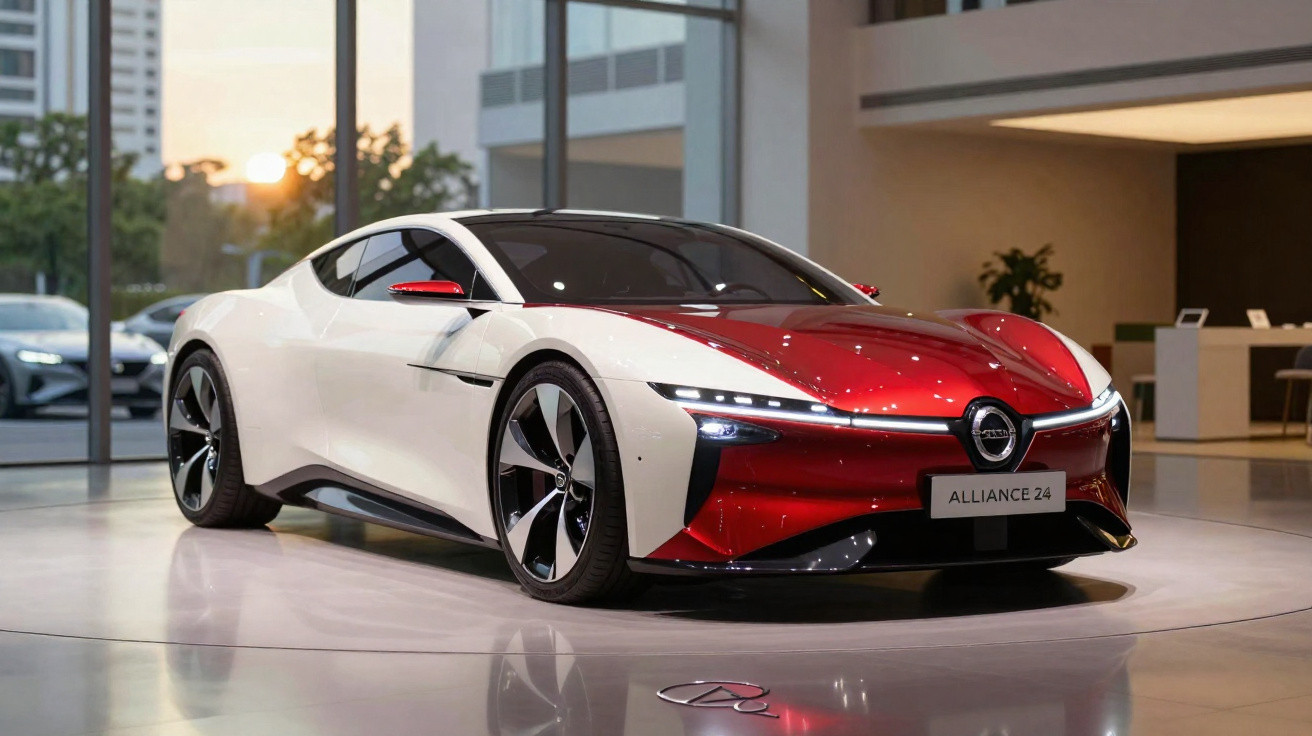 Carro desportivo elétrico branco e vermelho exposto em showroom moderno com luz natural ao entardecer.