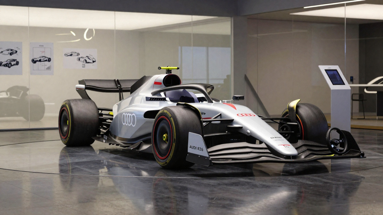 Carro de Fórmula 1 Audi R26 prateado em exposição numa sala com paredes de vidro e imagem técnica ao fundo.