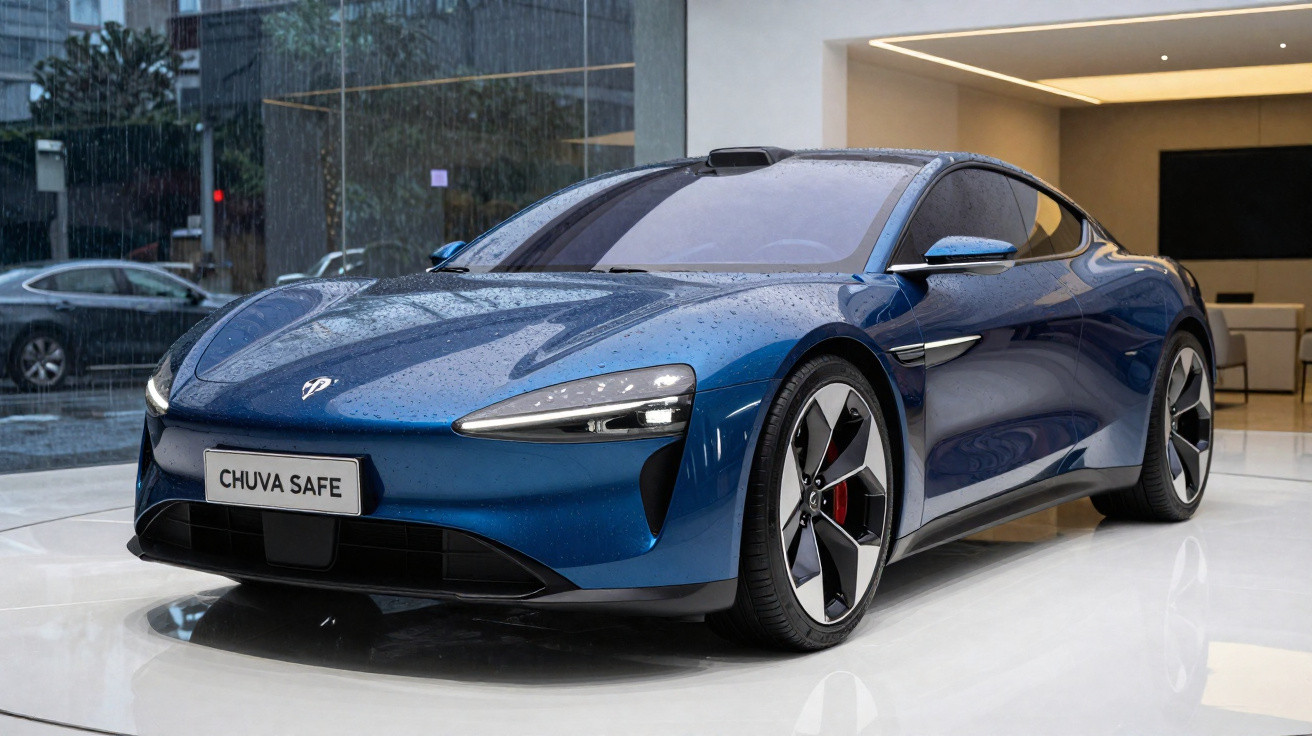 Carro desportivo elétrico azul com gotas de chuva, em exposição numa sala moderna com chão branco.