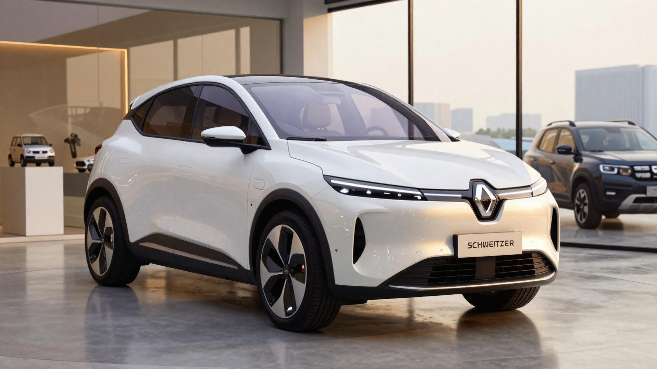 Carro elétrico branco Renault exposto numa sala moderna com janelas grandes e outro carro ao fundo.