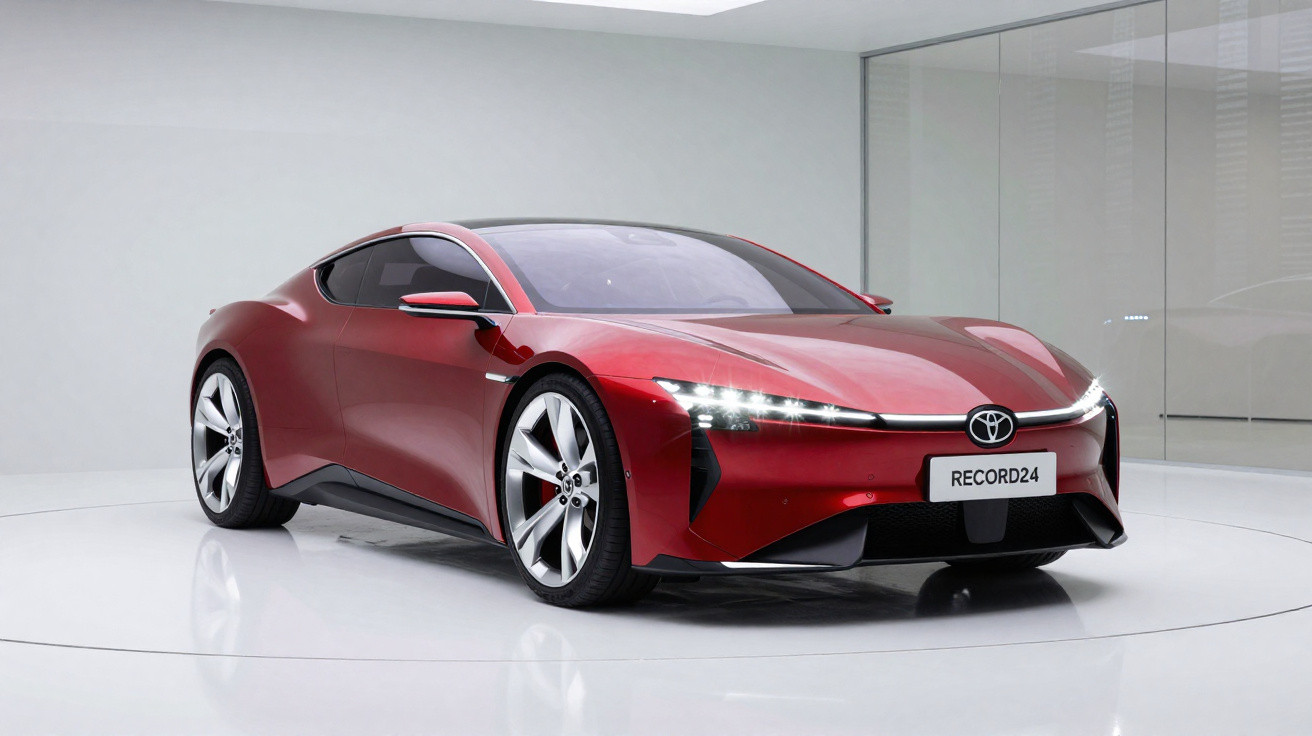 Carro desportivo elétrico vermelho Toyota, design futurista, luzes LED, mostrado em ambiente minimalista branco.
