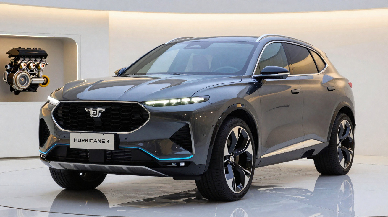 Carro SUV elétrico cinzento HURRICANE 4 estacionado em piso branco com motor em destaque.