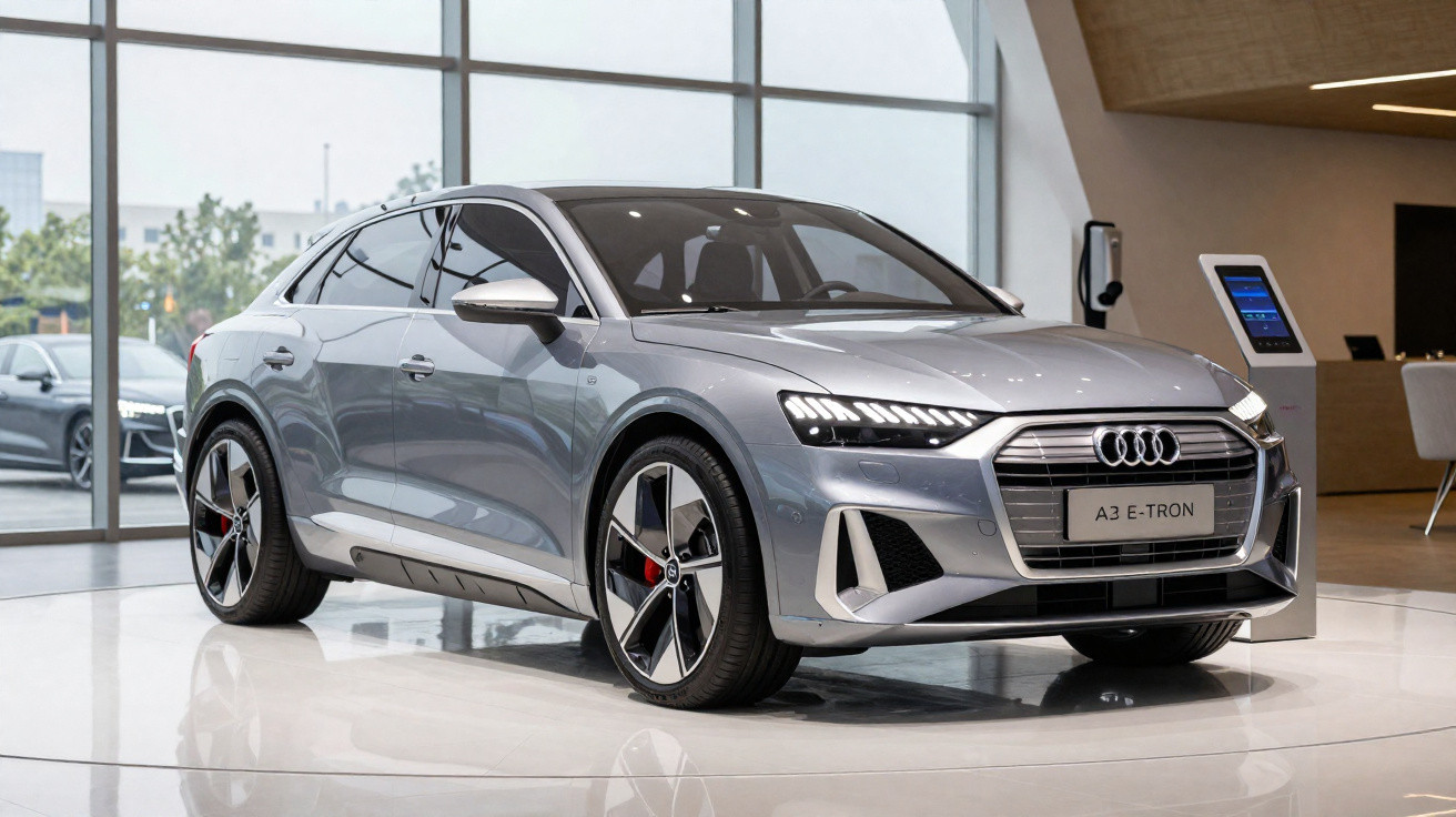 Carro elétrico Audi A3 e-tron prata exposto em sala moderna com grandes janelas e carregador elétrico.