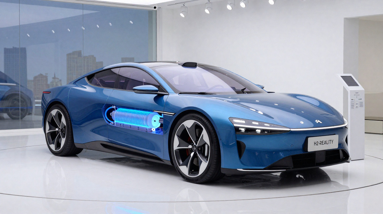 Carro desportivo azul H2 Reality com tecnologia de célula de combustível de hidrogénio exposta num salão moderno.
