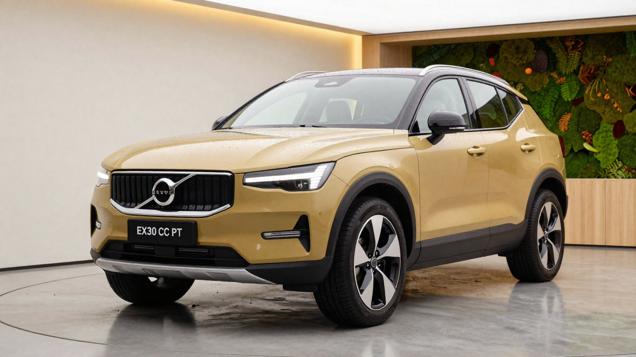 Veículo SUV Volvo EX30 dourado exibido em interior moderno com parede verde e chão cinza polido.