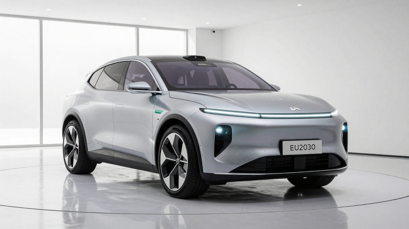 Carro elétrico cinza moderno estacionado num espaço interior branco minimalista.
