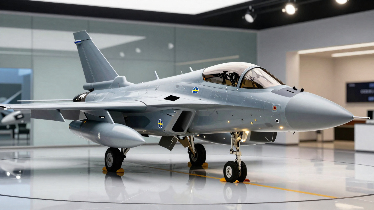 Avião de caça cinzento exibido em interior com bandeiras da Suécia nas asas e corpo.