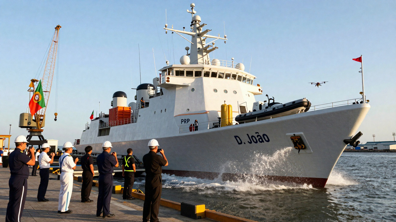 Navio português D. João ancorado, com marinheiros a cumprimentar na doca ao pôr do sol.