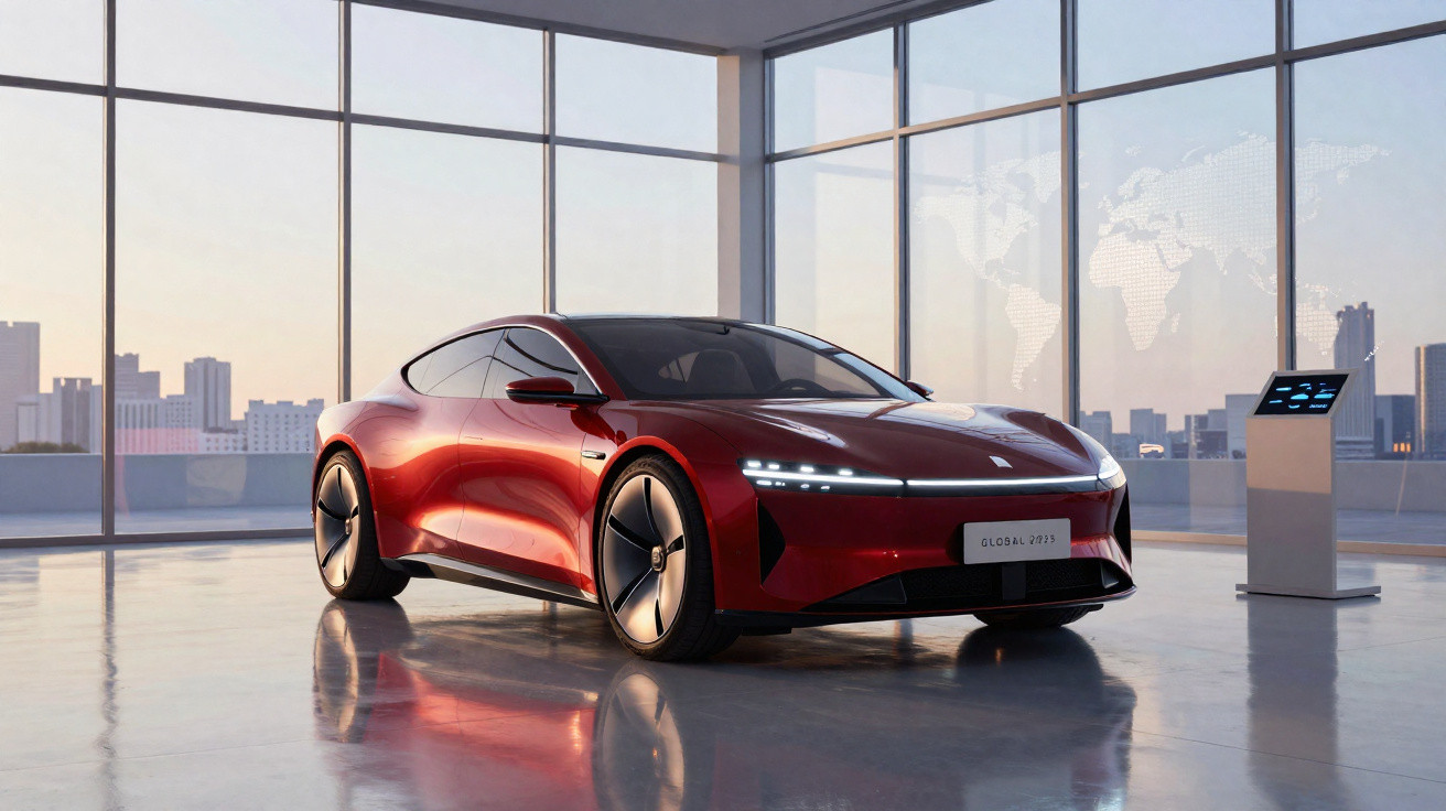 Carro elétrico vermelho de design futurista estacionado em showroom moderno com grandes janelas.