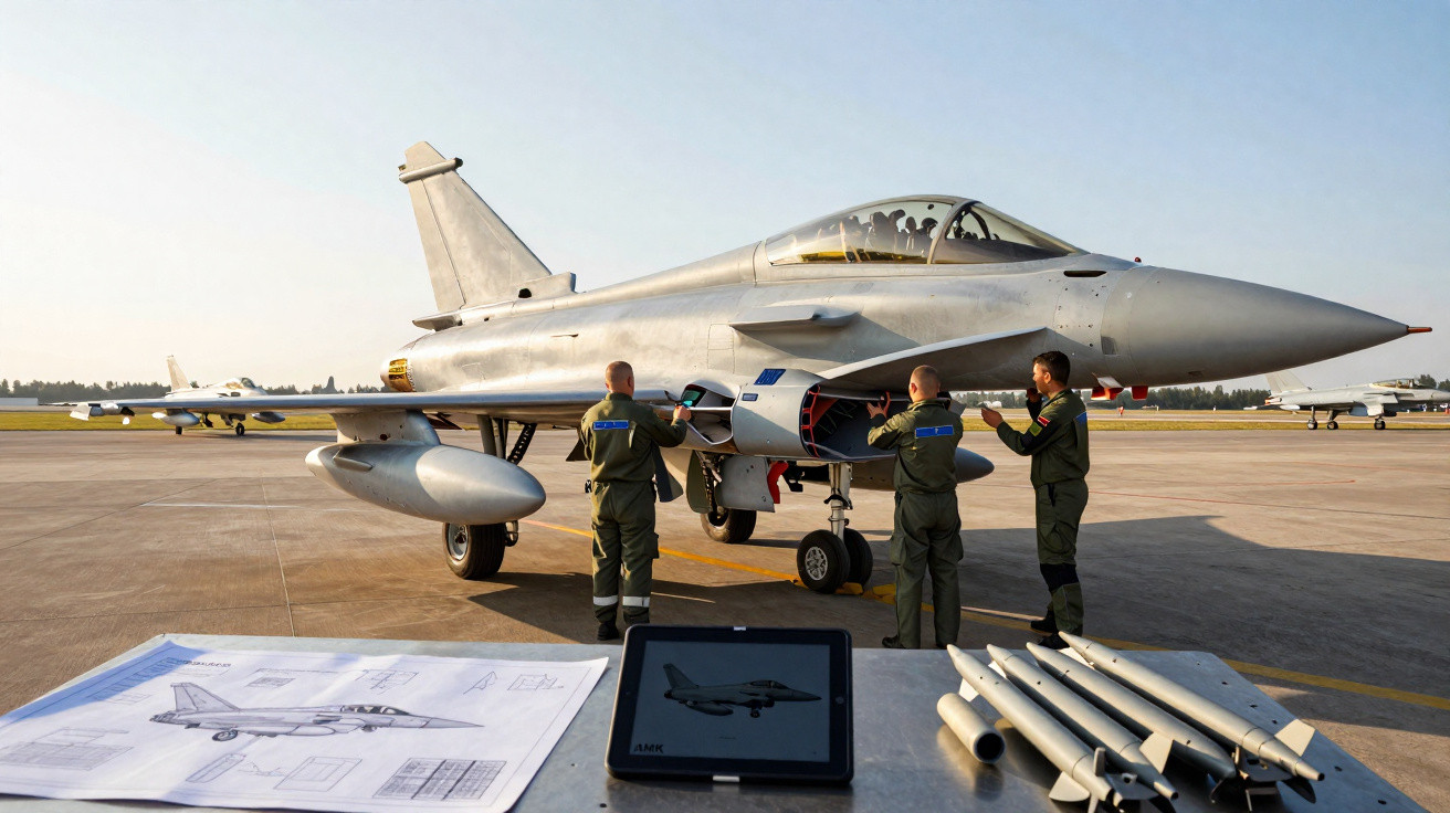 Caça militar em pista com três técnicos a realizar manutenção e desenho técnico sobre mesa em primeiro plano.