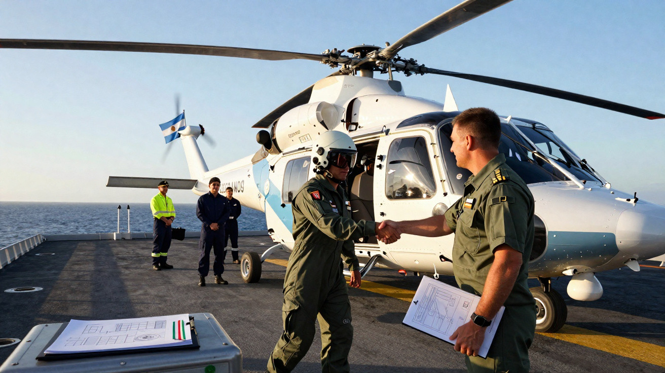 Dois militares cumprimentam-se em cima de um navio ao lado de um helicóptero branco com bandeira da Argentina.