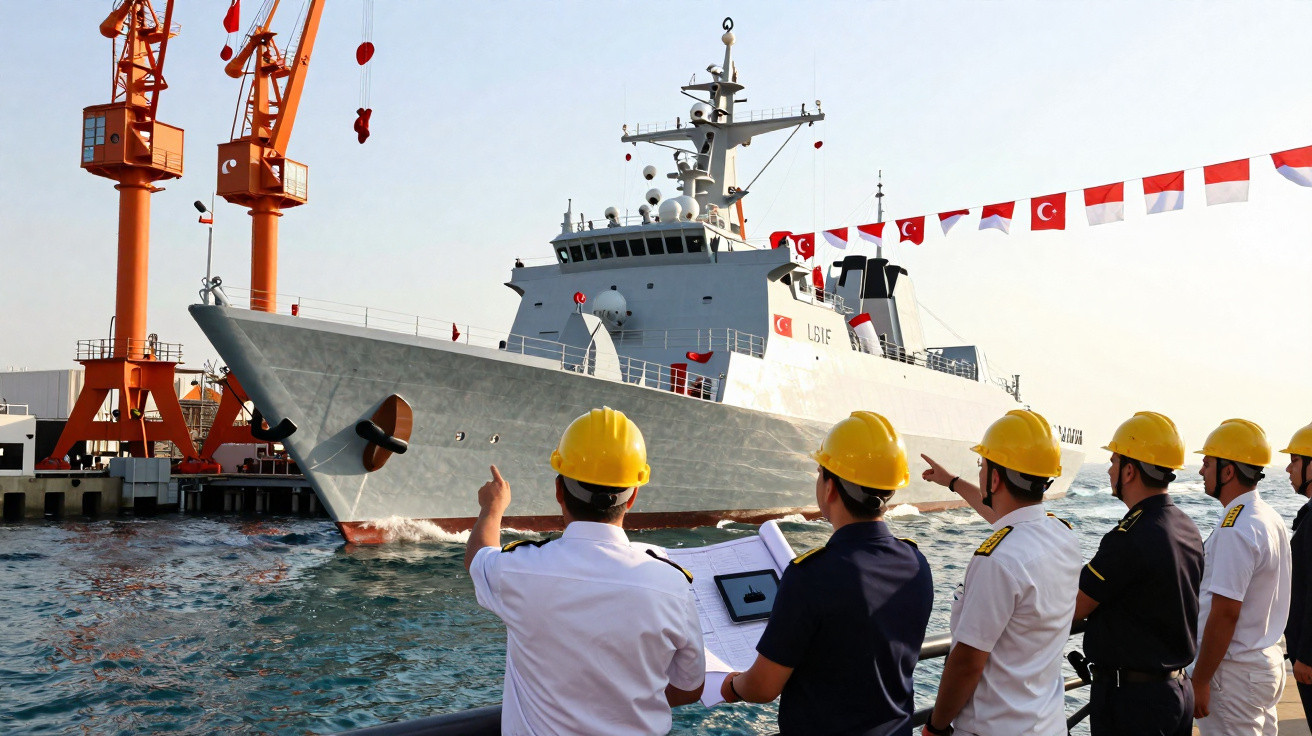 Cinco homens com capacetes amarelos observam um navio naval cinza no porto, com gruas e bandeiras turcas ao fundo.