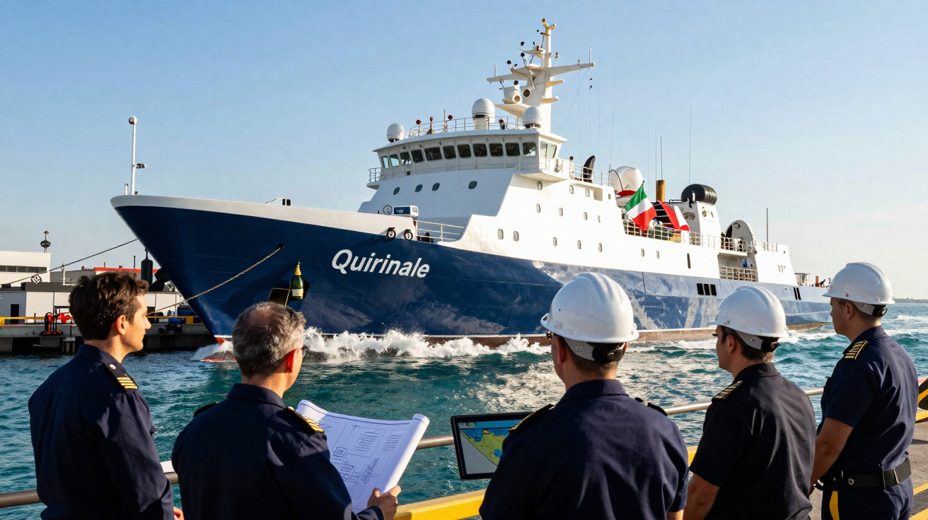 Quatro homens de uniforme e capacete observam o navio Quirinale aproximar-se do porto sob céu limpo.