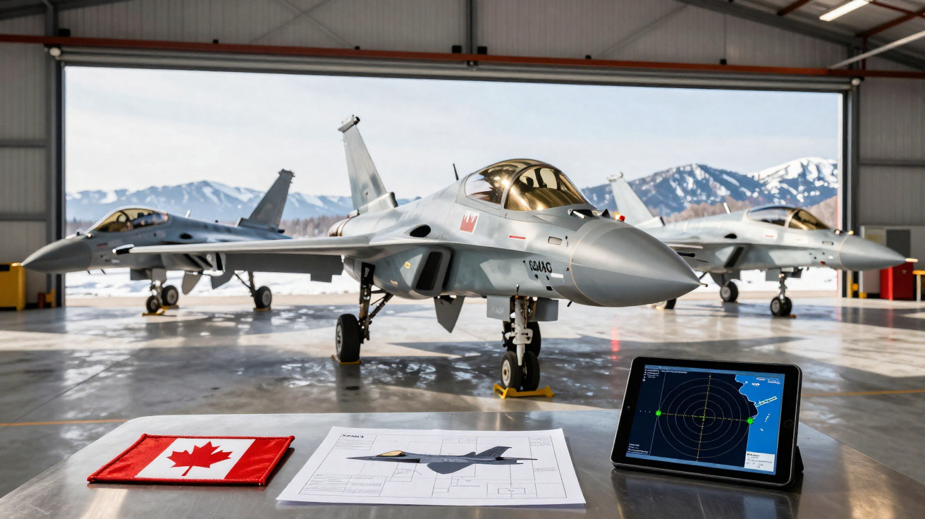 Três caças militares num hangar com bandeira do Canadá, planta e ecrã com radar numa mesa em primeiro plano.