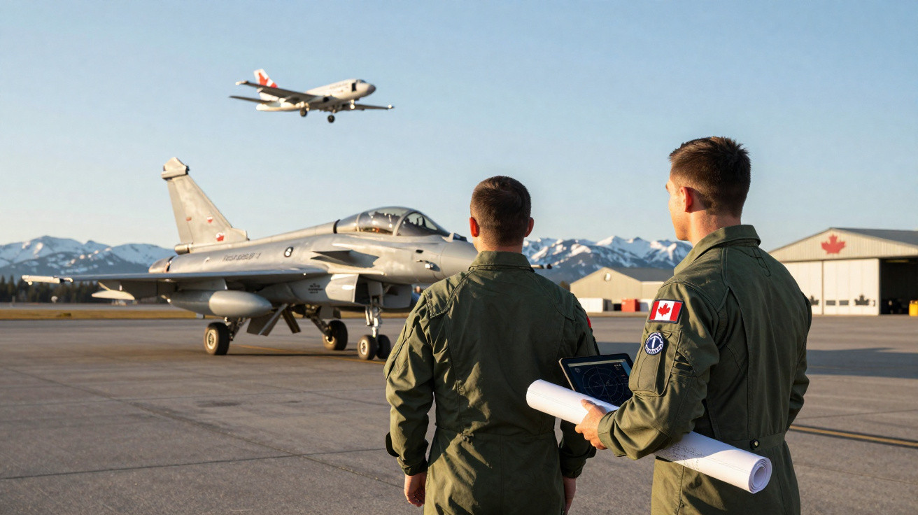 Dois pilotos canadenses em pista observam um caça Rafale com avião comercial a voar ao fundo, em cenário de montanhas.