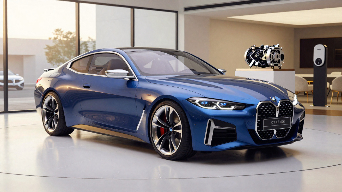 Carro desportivo azul BMW estacionado em sala moderna com grandes janelas e motor exposto no fundo.