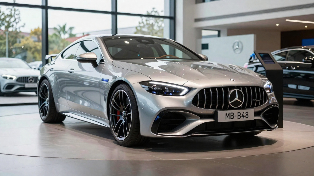Carro desportivo Mercedes-Benz prateado em exposição num showroom com janelas grandes.