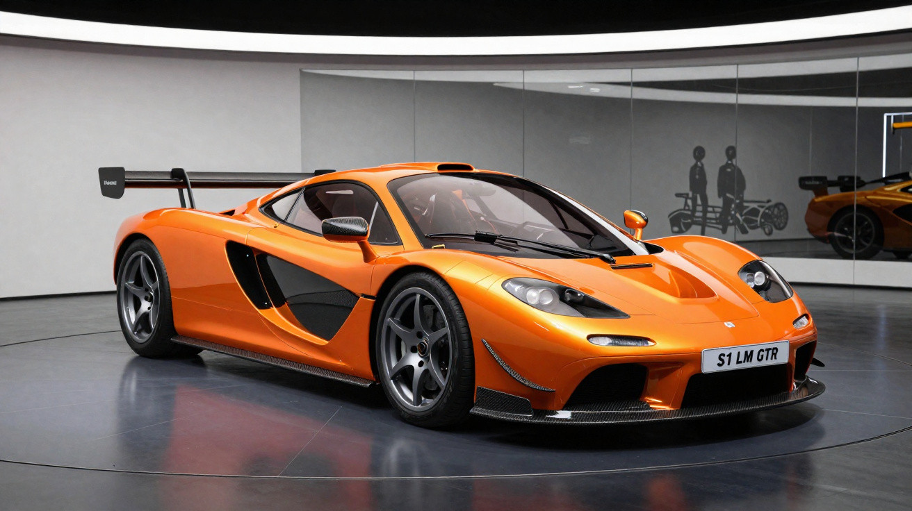 Carro desportivo laranja McLaren S1 LM GTR estacionado em espaço interior com paredes espelhadas.