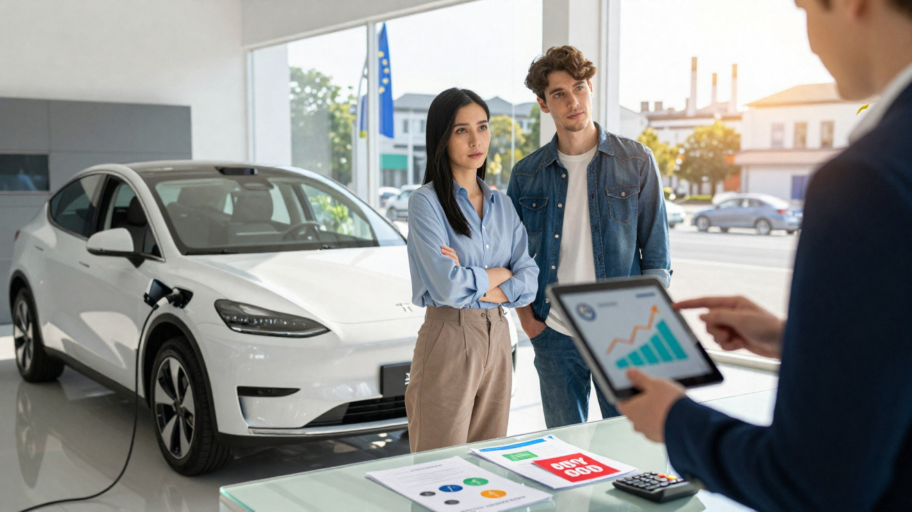 Jovem casal a ouvir vendedor que apresenta gráfico em tablet numa concessionária de carros elétricos.