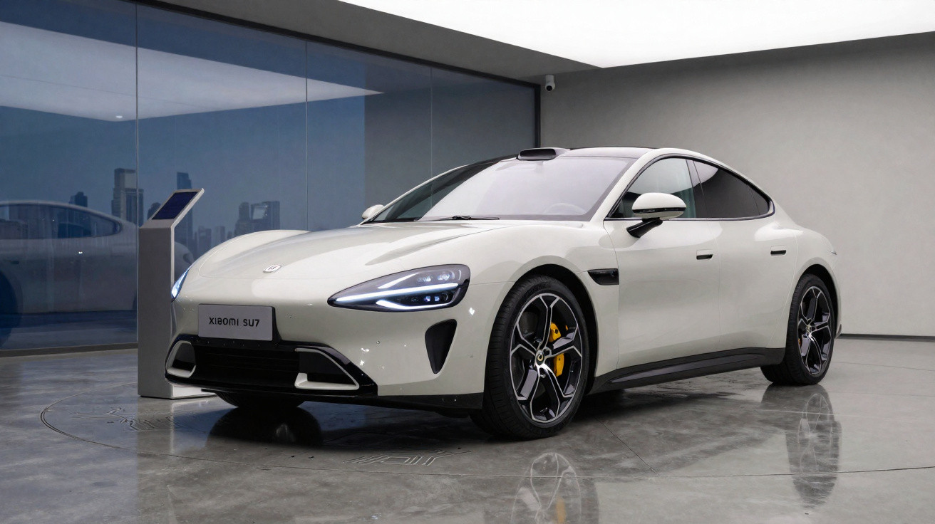 Carro elétrico branco Xiaomi SU7 exibido em showroom moderno com piso refletor e iluminação suave.