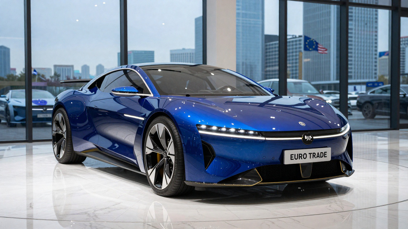 Carro desportivo elétrico azul brilhante em exposição numa sala com janelas grandes e vista urbana.