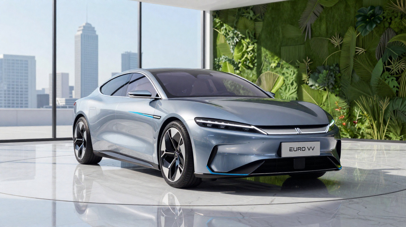 Carro elétrico cinza Euro VV estacionado em piso brilhante com fundo urbano e parede verde de plantas.