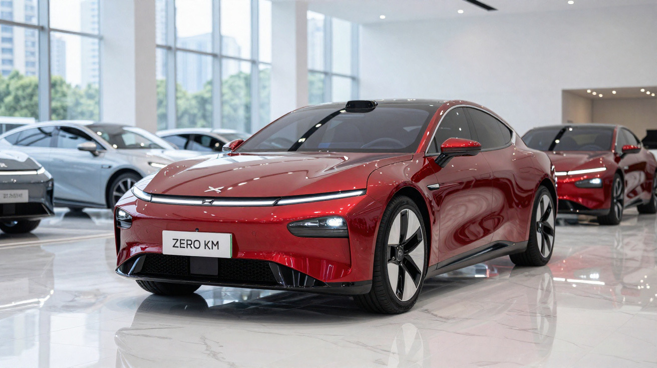 Carro elétrico desportivo vermelho em showroom moderno com outros veículos ao fundo e placa branca "ZERO KM"