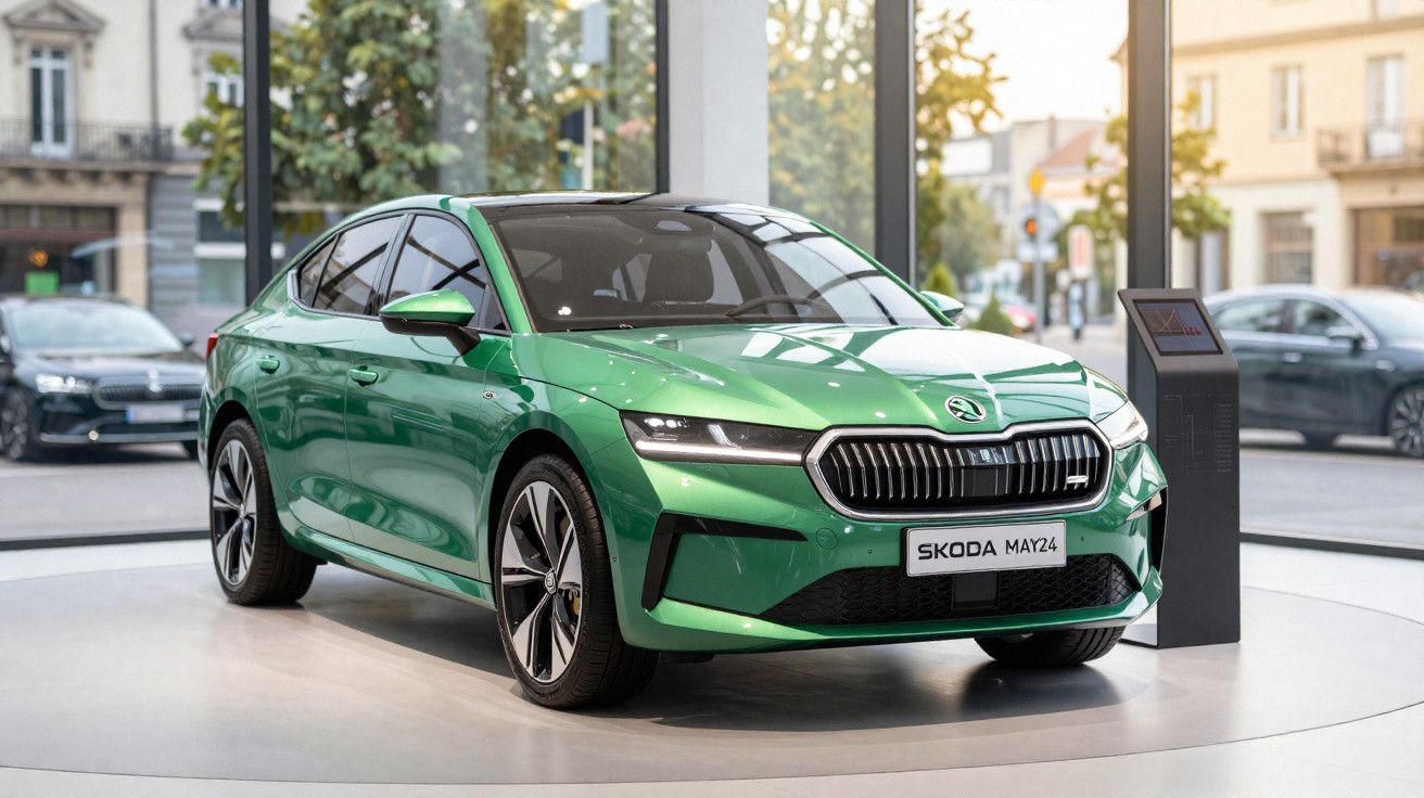 Carro elétrico Škoda May24 verde exposto em showroom moderno com janelas amplas e paredes de vidro.