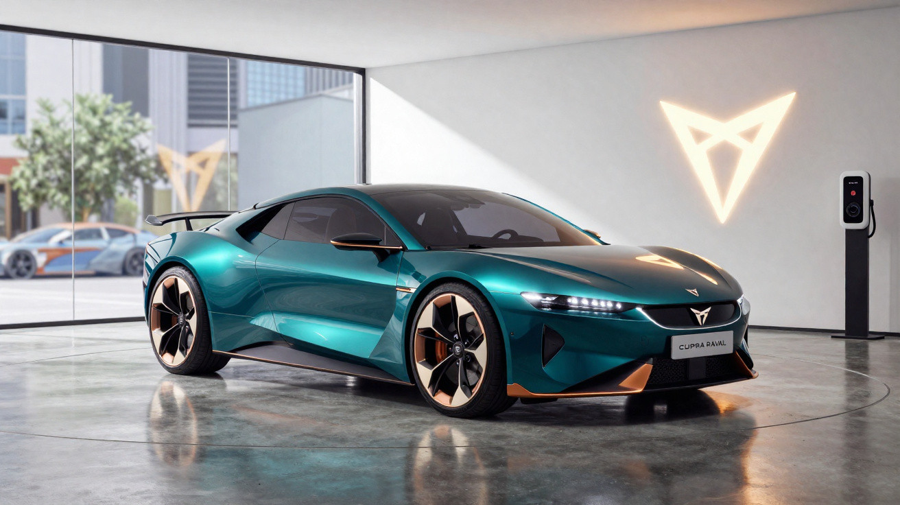 Carro desportivo elétrico Cupra Tavascán verde num showroom moderno com parede branca e estação de carregamento.