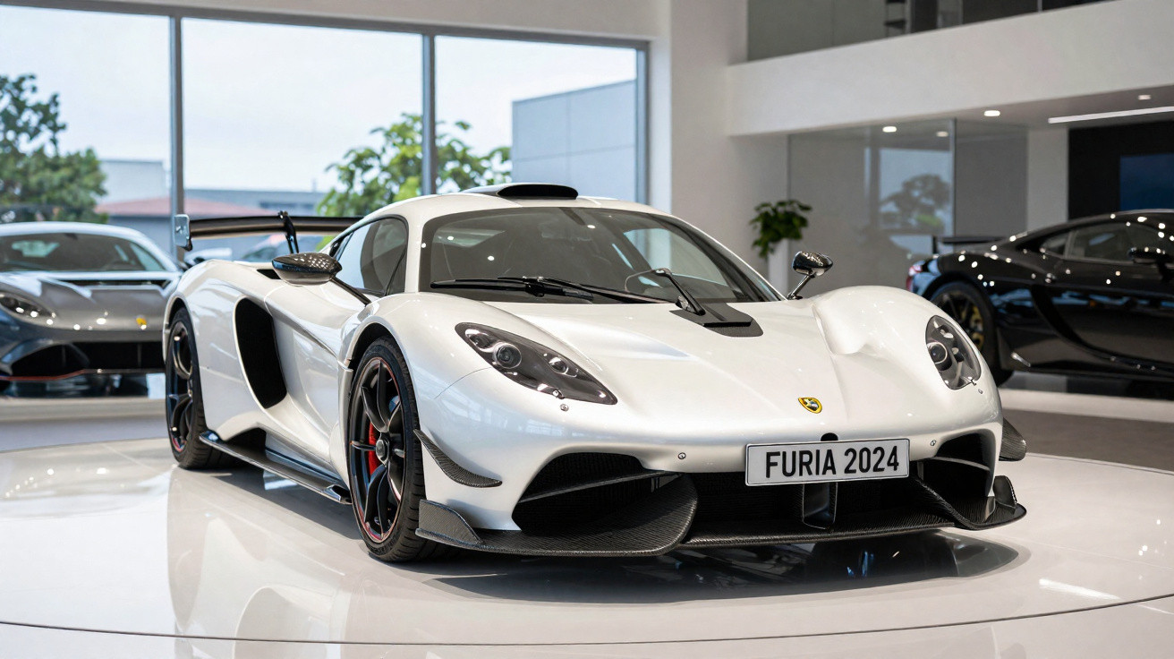 Carro desportivo branco Furai 2024 exposto em showroom moderno com vidro e carros ao fundo.