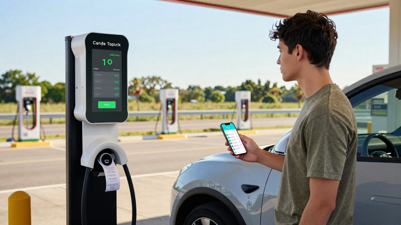 Homem a usar telemóvel junto a estação de carregamento de carro elétrico num posto de abastecimento.