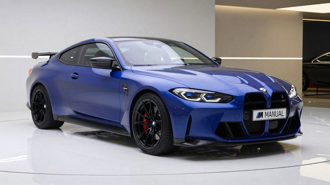 Carro desportivo BMW M azul escuro, vista frontal lateral, em ambiente moderno e luminoso.