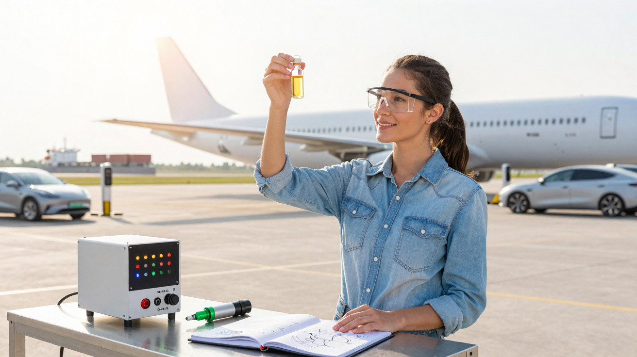 Mulher com equipamento de proteção segura frasco com líquido amarelo em aeroporto, com avião e carros ao fundo.