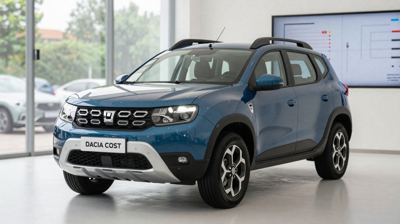 Carro SUV Dacia Cost azul exposado em sala com piso branco e janelas de vidro.