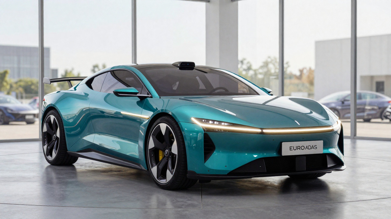 Carro desportivo elétrico azul metálico com faróis LED e logótipo EURO ADAS em showroom moderno.