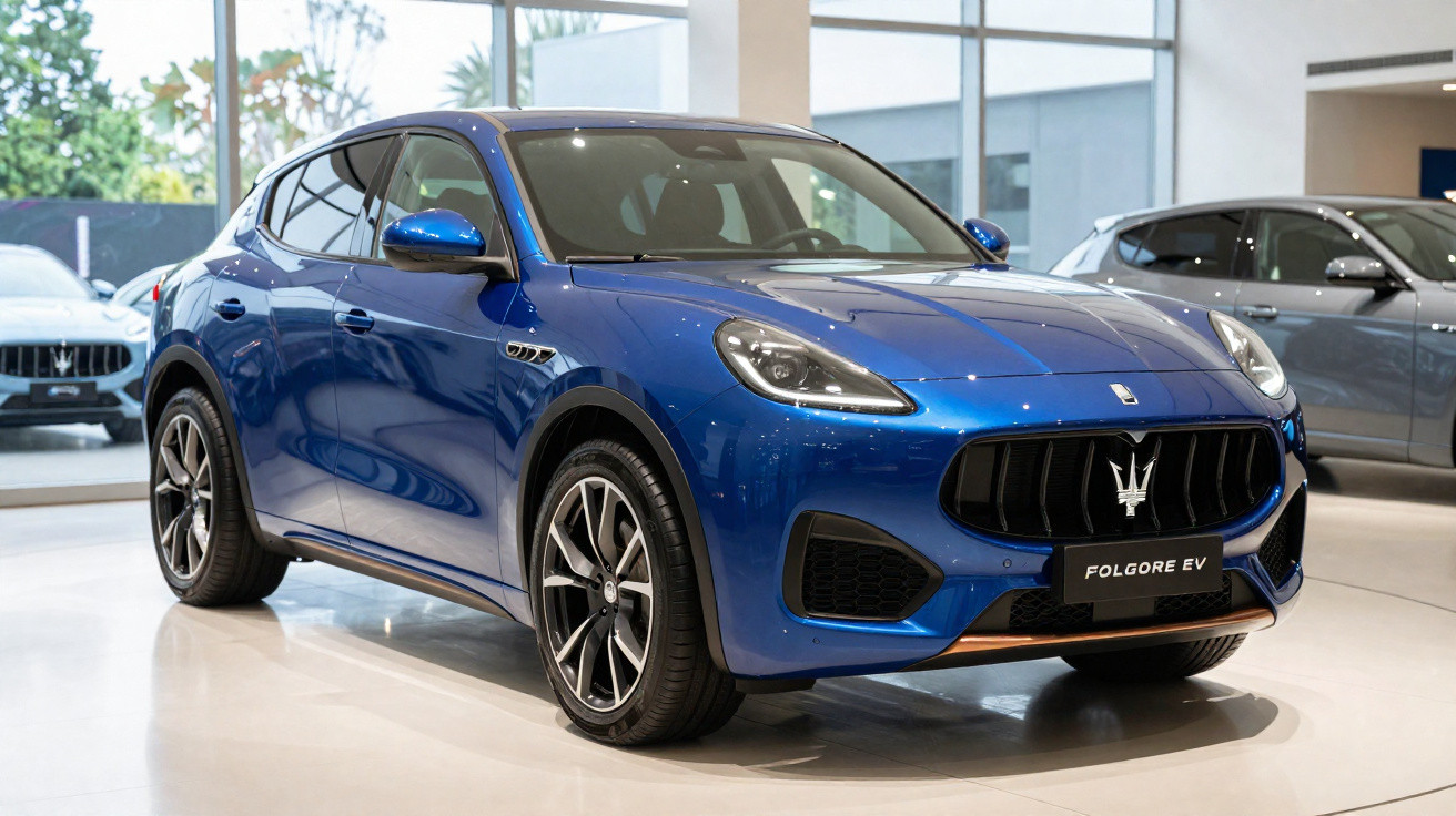 Carro elétrico azul Maserati Folgore EV estacionado em showroom moderno com outros carros ao fundo.