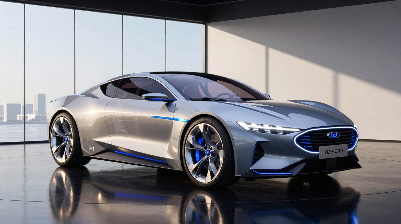 Carro desportivo futurista prateado com detalhes azuis em garagem com grandes janelas.